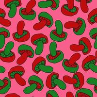 red and green mushrooms seamless pattern, mushrooms with a wide stalk on a pale pink background vector