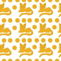 Yellow cats and dots seamless pattern, bright cats and dots in horizontal rows on a white background vector