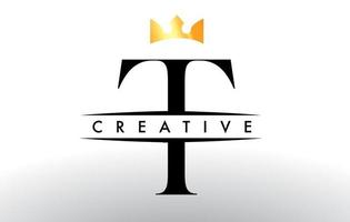 T Letter Logo with Creative Crown Design Icon and Golden Colors Vector