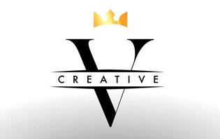 V Letter Logo with Creative Crown Design Icon and Golden Colors Vector