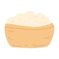 Flour in wooden bowl in cartoon flat style. Vector illustration of organic healthy food, baking ingredients