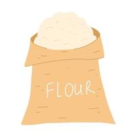 Burlap bag of flour in cartoon flat style. Vector illustration of sack with wheat, farming food element