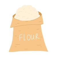 Burlap bag of flour in cartoon flat style. Vector illustration of sack with wheat, farming food element