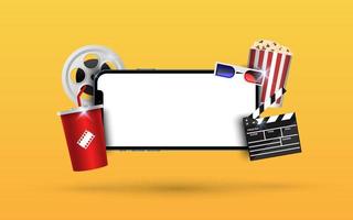 Blank smartphone with popcorn, film strip, clapperboard on yellow background, online streaming movie concept, vector iluustration