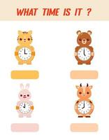 What time is it. Learning time on the clock. Educational activity worksheet for kids and toddlers. Preschool game. Puzzle with clock .  Education Game for Children. vector