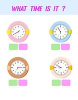 Qué hora es. tiempo de aprendizaje en el reloj. hoja de trabajo de actividad educativa para niños y niños pequeños. juego preescolar. rompecabezas con reloj. juego educativo para niños. vector