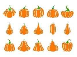 Orange Pumpkin. Set of silhouettes of different pumpkins. Isolated on white. vector