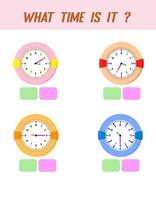 Qué hora es. tiempo de aprendizaje en el reloj. hoja de trabajo de actividad educativa para niños y niños pequeños. juego preescolar. rompecabezas con reloj. juego educativo para niños. vector