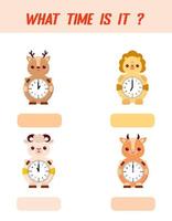 What time is it. Learning time on the clock. Educational activity worksheet for kids and toddlers. Preschool game. Puzzle with clock .  Education Game for Children. vector