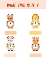 What time is it. Learning time on the clock. Educational activity worksheet for kids and toddlers. Preschool game. Puzzle with clock .  Education Game for Children. vector