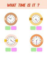 Qué hora es. tiempo de aprendizaje en el reloj. hoja de trabajo de actividad educativa para niños y niños pequeños. juego preescolar. rompecabezas con reloj. juego educativo para niños. vector