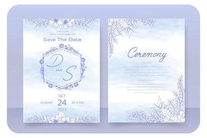 wedding invitation card template, leaf and flower pattern decoration, blue white background