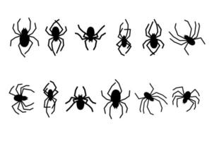 Set of black silhouette spider icon isolated on white background. Halloween scary doodle great for any purposes logo, print, decorative sticker vector