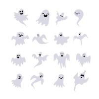 conjunto de horror de espectro de aparición de fantasmas monocromáticos. sombra fantasma divertida. hoja fantasma para el diseño de personajes de halloween. aislado en la ilustración de vector blanco.