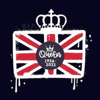 Queen Elizabeth II death memorial poster in urban graffiti spray textured style. British monarch died. Lettering against the background of the British flag. Vector illustration,