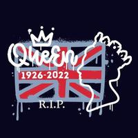 White silhouette of Queen Elizabeth against the background of the British flag. RIP 1926-2022 urban graffiti banner. Textured hand drawn vector illustration