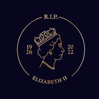 Round golden emblem - RIP Queen Elizabeth II death memorial poster. British monarch young face profile. Linear vector illustration. 1926-2022