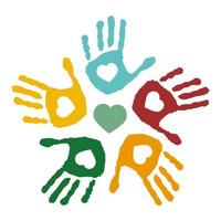 concept of heart with prints of children's human hands. Vector illustration. The image is isolated on a white background. Love, care, friendship, family, tolerance, security. A symbol of friendship.