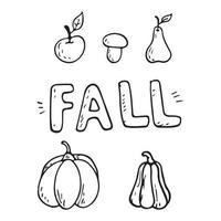 Vector illustration of a set of doodle objects on an autumn theme. Fall inscription. Pumpkins, mushrooms and fruits.