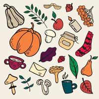 Vector flat illustration on an autumn theme mushrooms, vegetables, leaves, cute attributes. Doodle objects are cut out.