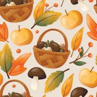 otoño de patrones sin fisuras con hojas caídas secas. cesta con setas, bayas y manzanas.