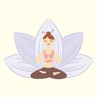 mujer meditando. ilustración conceptual para yoga, meditación, relajación. estilo de dibujos animados plana vector