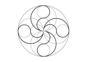 flor mística de la fortuna, icono de trébol de cuatro hojas, geometría sagrada, tatuaje de logotipo redondo en estilo de arte de línea negra, intersección geométrica de círculos, ilustración vectorial aislada en fondo blanco vector