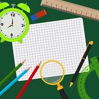 Back to school background. School supplies and blank exercise book sheet. Vector illustration