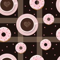 Coffee cup and donut top view checkered seamless pattern vector