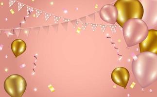 fondo festivo con globos rosas y dorados, guirnaldas de papel, serpentina e ilustración de confeti vector