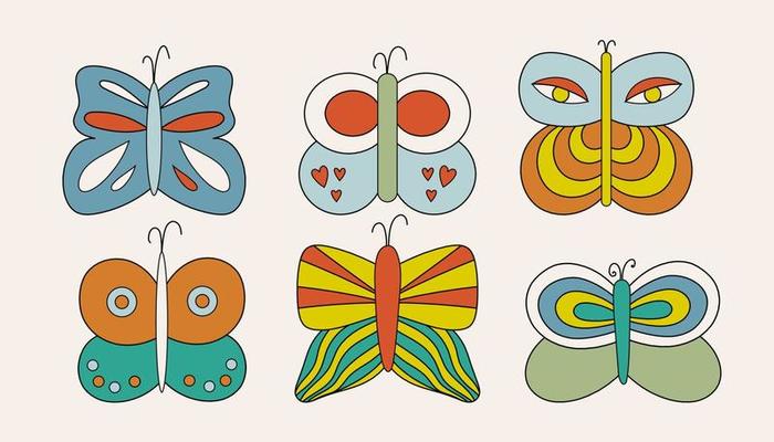 Contemporary butterfly 1970, great design for any purposes. Seventies style, groovy background. Hippie print illustration. Vector drawing