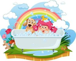 Kids playing bubbles in bathtub vector