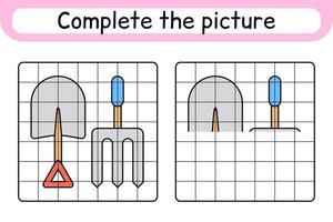 Complete the picture pitchfork and shovel. Copy the picture and color. Finish the image. Coloring book. Educational drawing exercise game for children vector