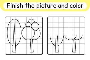 Complete the picture tree. Copy the picture and color. Finish the image. Coloring book. Educational drawing exercise game for children vector