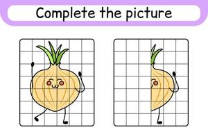 Complete the picture onion. Copy the picture and color. Finish the image. Coloring book. Educational drawing exercise game for children vector