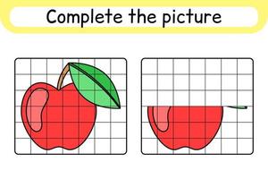 Complete the picture apple. Copy the picture and color. Finish the image. Coloring book. Educational drawing exercise game for children vector