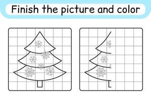 Complete the picture christmas tree. Copy the picture and color. Finish the image. Coloring book. Educational drawing exercise game for children vector