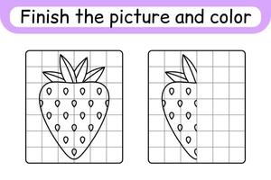 Complete the picture strawberry. Copy the picture and color. Finish the image. Coloring book. Educational drawing exercise game for children vector