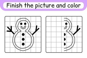 Complete the picture snowman. Copy the picture and color. Finish the image. Coloring book. Educational drawing exercise game for children vector