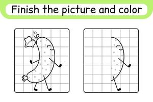 Complete the picture cucumber. Copy the picture and color. Finish the image. Coloring book. Educational drawing exercise game for children vector