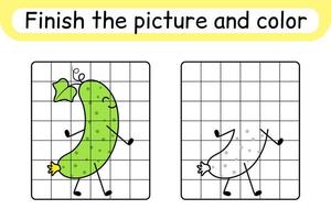 Complete the picture cucumber. Copy the picture and color. Finish the image. Coloring book. Educational drawing exercise game for children vector