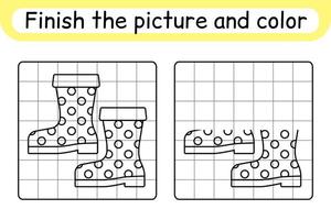 Complete the picture boots. Copy the picture and color. Finish the image. Coloring book. Educational drawing exercise game for children vector