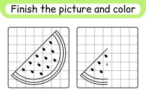 completa la imagen sandía. copiar la imagen y el color. terminar la imagen. libro de colorear. juego educativo de ejercicios de dibujo para niños vector