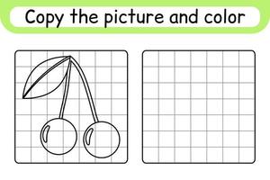 Copy the picture and color cherry. Complete the picture. Finish the image. Coloring book. Educational drawing exercise game for children vector