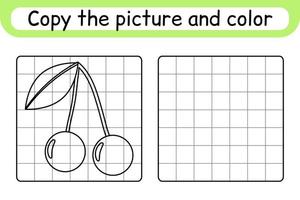 Copy the picture and color cherry. Complete the picture. Finish the image. Coloring book. Educational drawing exercise game for children vector