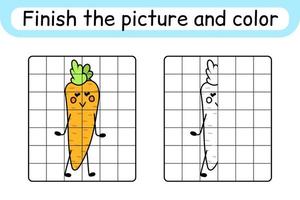 Complete the picture carrot. Copy the picture and color. Finish the image. Coloring book. Educational drawing exercise game for children vector