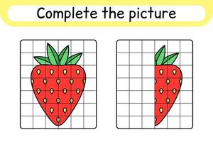 Complete the picture strawberry. Copy the picture and color. Finish the image. Coloring book. Educational drawing exercise game for children vector