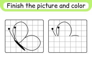 Completa la imagen de la mariposa. copiar la imagen y el color. terminar la imagen. libro de colorear. juego educativo de ejercicios de dibujo para niños vector