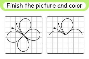 Completa la imagen de la mariposa. copiar la imagen y el color. terminar la imagen. libro de colorear. juego educativo de ejercicios de dibujo para niños vector