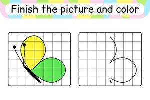 Complete the picture butterfly. Copy the picture and color. Finish the image. Coloring book. Educational drawing exercise game for children vector